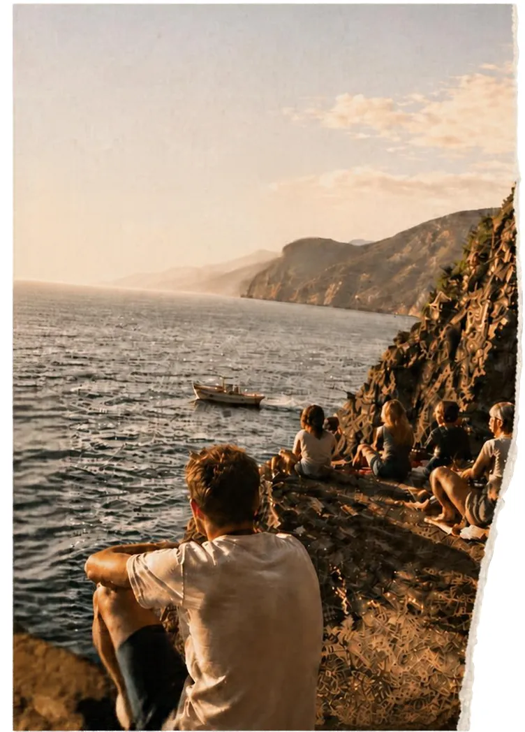 Friends watching the sunset from a rocky coast